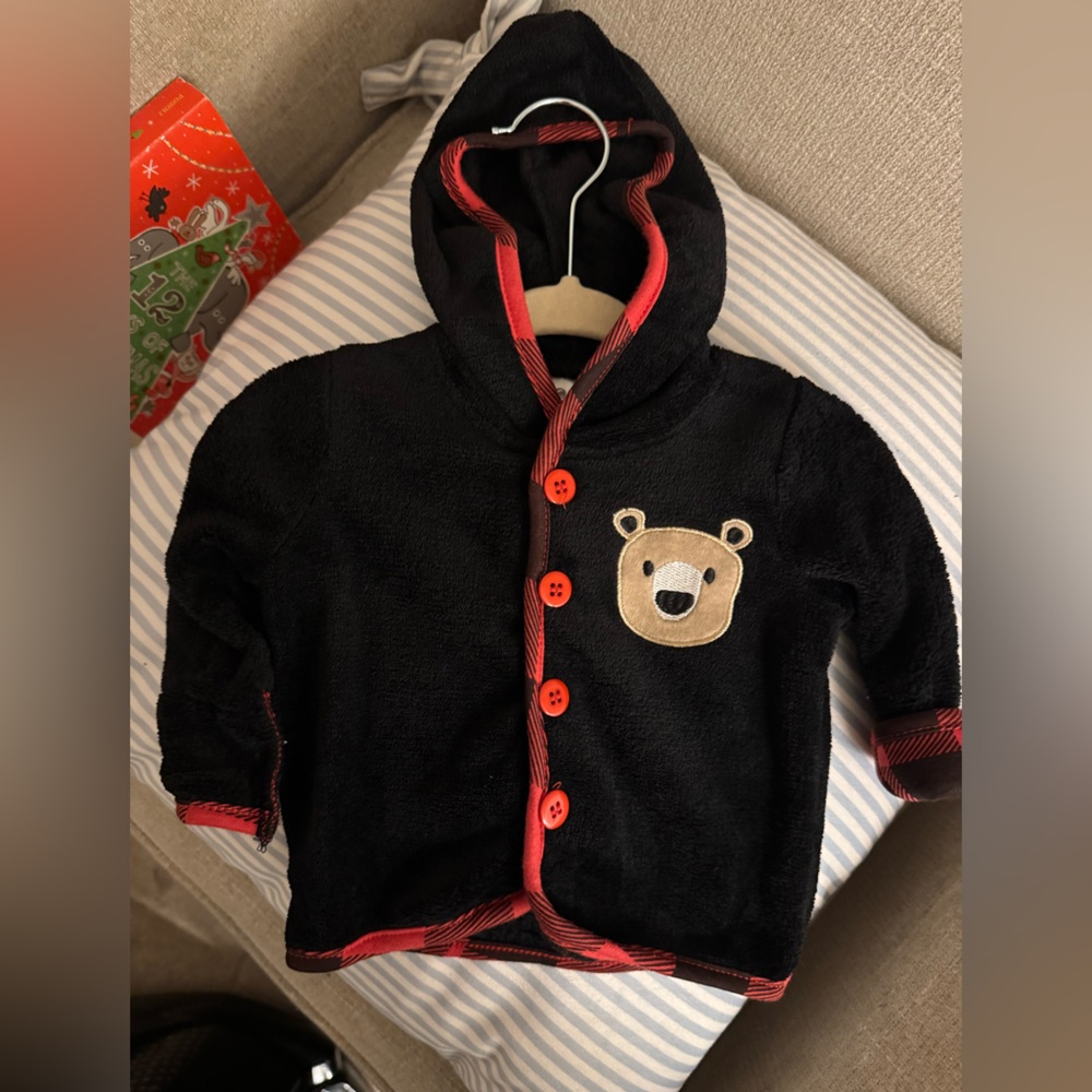 Infant Coat with Plaid Trim and Hood